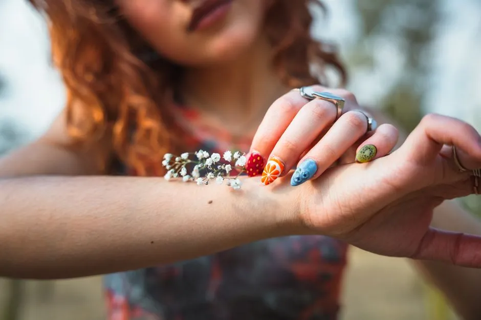 Håndmalet nail art med frugtmotiver som jordbær og appelsin på korte press-on negle