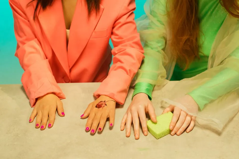 Hænder med manicure ved opvaskesvamp, hvor opvask slider på løsnegle i vand